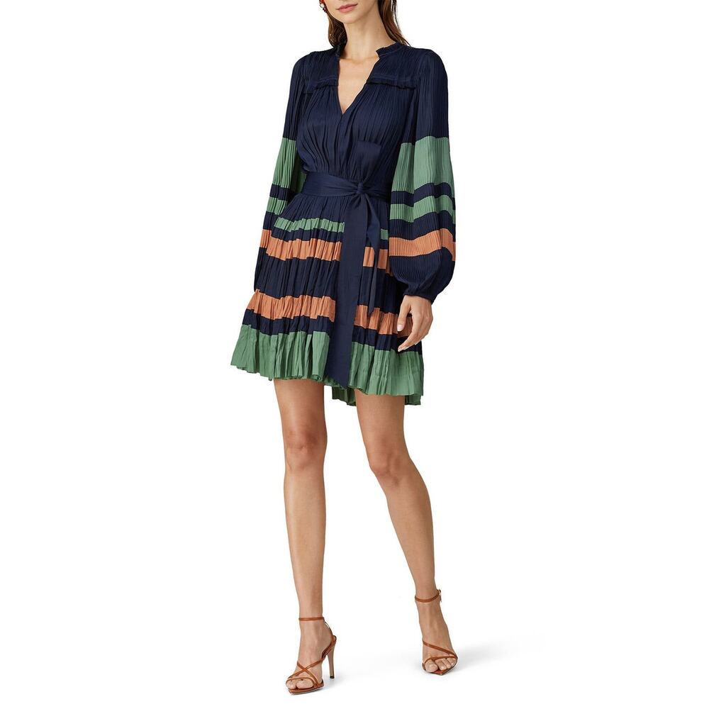 Ulla Johnson Alia Navy Blue Mini Dress Green Orange Stripe‎ Long Sleeve Sz 0